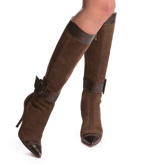 BEAUTIISOLES by Robin Shreiber Brown Bronze high Heeled Suede Boots with Buckle